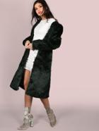 Shein Olive Green Faux Fur Collarless Long Coat