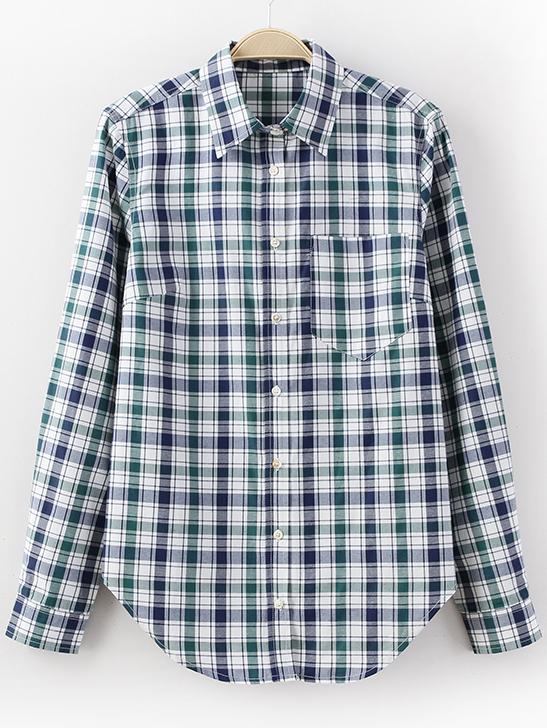 Shein Green Pocket Buttons Front Plaids Blouse