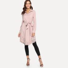 Shein Laser Cut Scallop Trim Self Belted Shirt Dress
