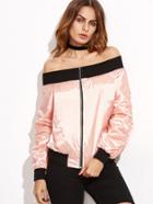 Shein Pink Contrast Trim Off The Shoulder Bomber Jacket