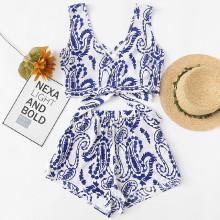 Shein Crisscross V Neck Porcelain Print Top & Shorts Set