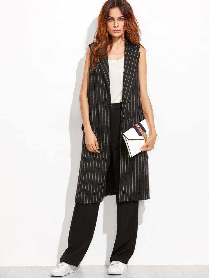 Shein Black Pinstripe Longline Sleeveless Trench Coat
