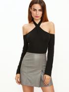 Shein Black Crossover Halter Neck Slim Fit T-shirt