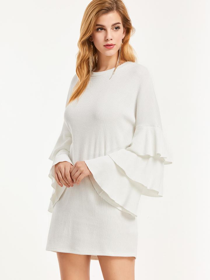 Shein White Ribbed Knit Layered Ruffle Sleeve Dress