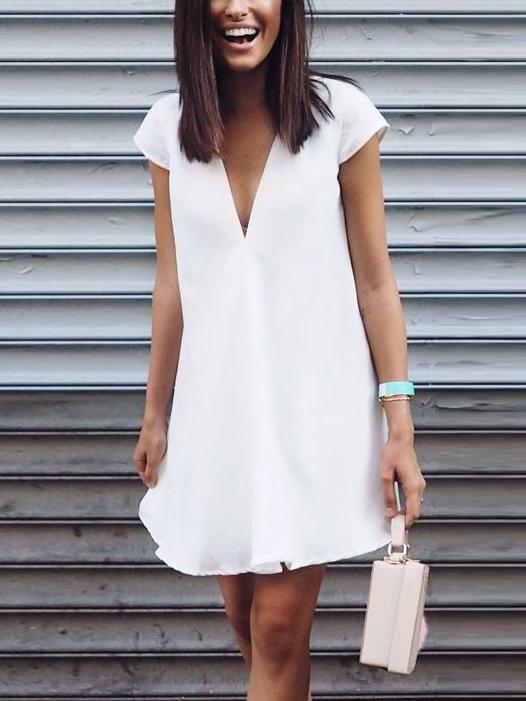 Shein White Deep V Neck Shift Dress