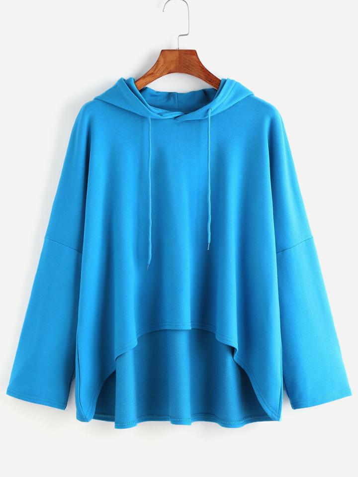 Shein Blue Hooded Drop Shoulder Dip Hem Sweatshirt