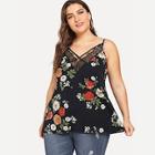 Shein Plus Contrast Lace Criss Cross Floral Print Top