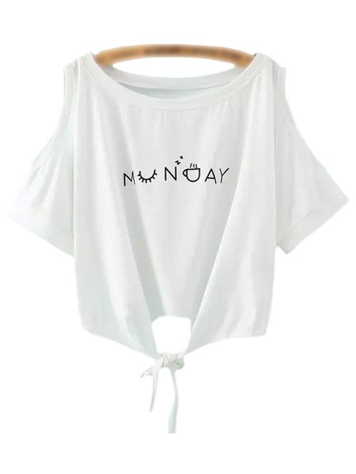 Shein White Self-tie Bow Cold Shoulder Letter Print T-shirt