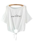 Shein White Self-tie Bow Cold Shoulder Letter Print T-shirt