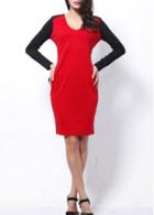 Rosewe Stylish V Neck Black And Red Color Blocking Dress