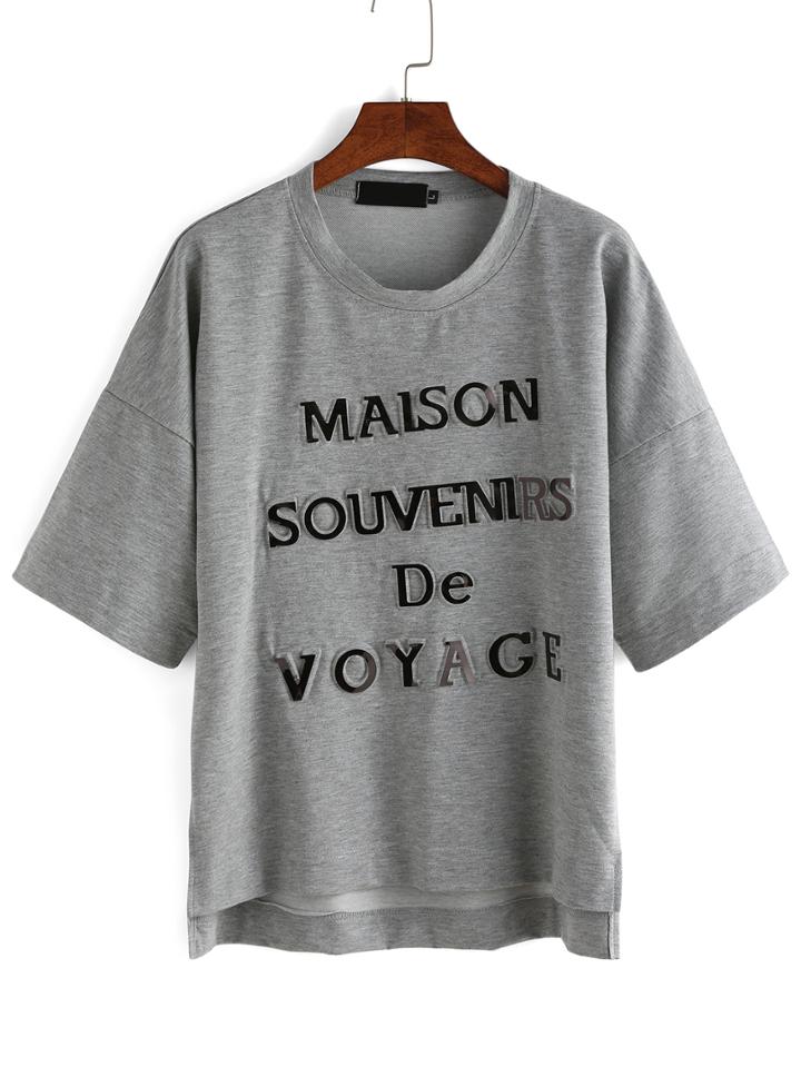 Shein Dip Hem Letters Embossed Split T-shirt