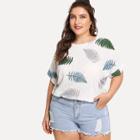 Shein Plus Leaves Print Roll Up Sleeve Tee