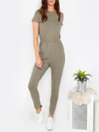 Shein Army Green Pocket Short Sleeve Tie Backless Jumpsuit