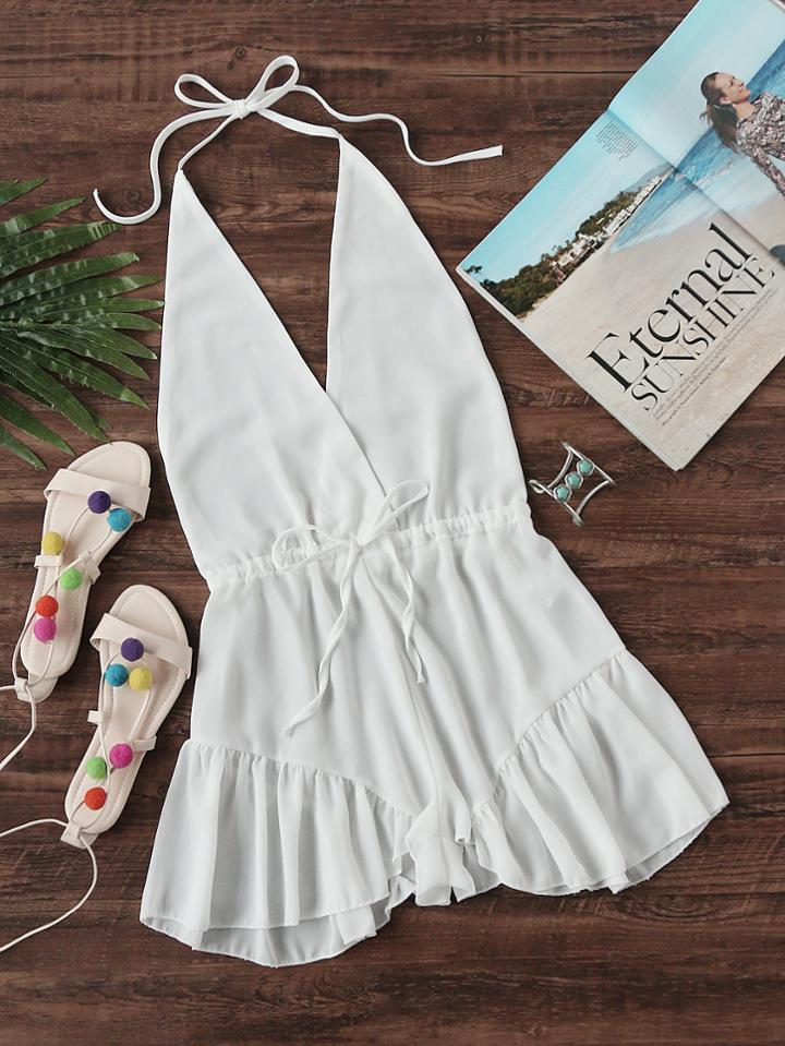 Shein Halter Neckline Wrap Front Drawstring Waist Romper