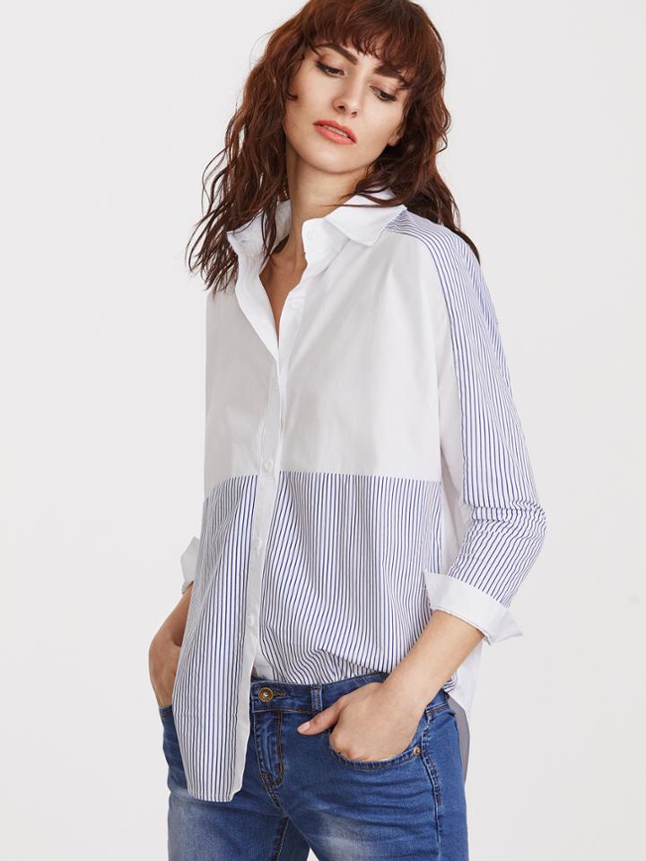 Shein Contrast Striped Curved Hem Shirt