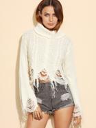 Shein White Cable Knit Turtleneck Crop Distressed Sweater