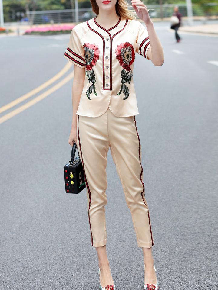 Shein Apricot Flowers Sequined Top With Pants