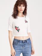 Shein White Drop Shoulder Flower Embroidered Patch Crop T-shirt