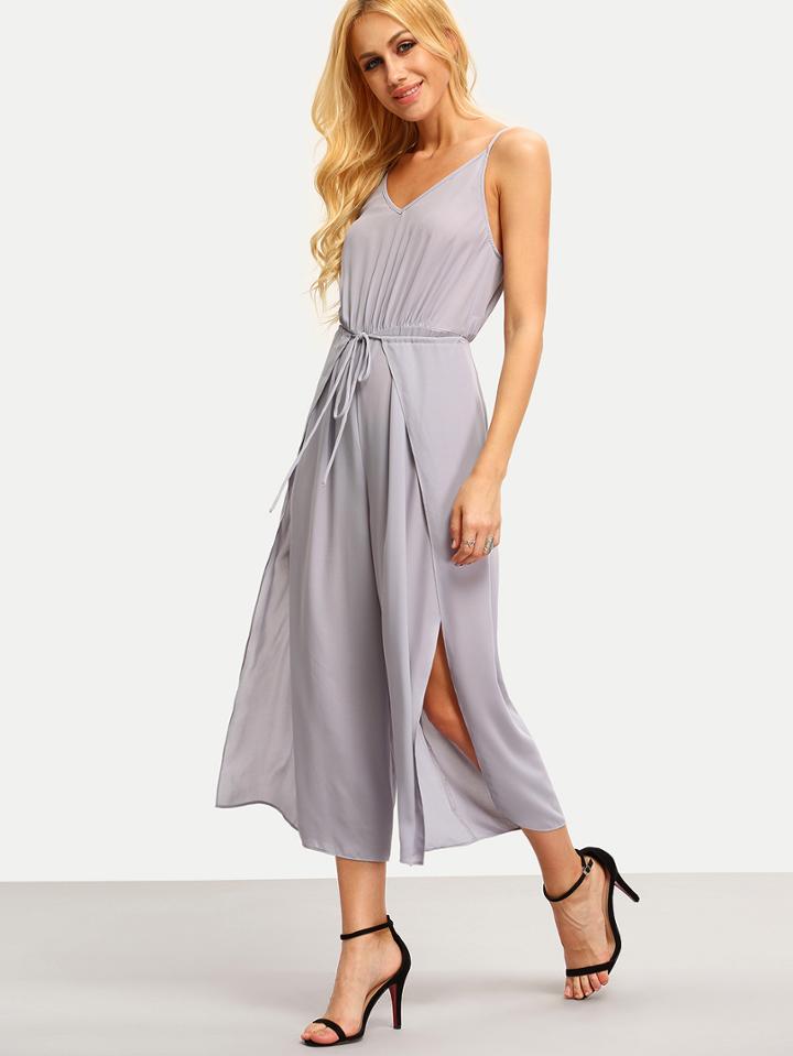 Shein Grey Self-tie Waist Split Side Slip Jumpsuit