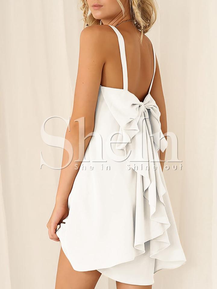 Shein White Strap Bow Knots Ruffle Dress