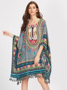 Shein Ornate Print Tassel Trim Kaftan Top