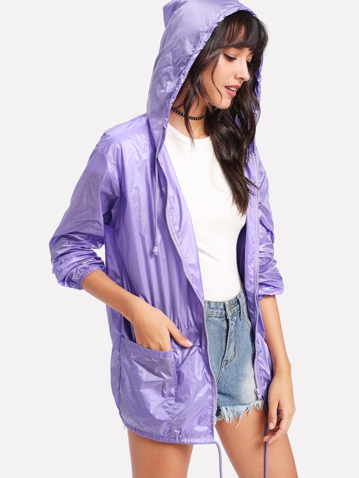 Shein Drawstring Hem Pocket Patched Hoodie Jacket