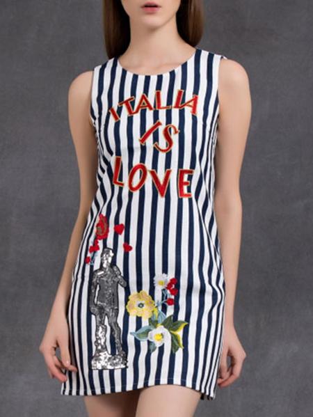 Shein Blue Embroidered Striped Shift Dress