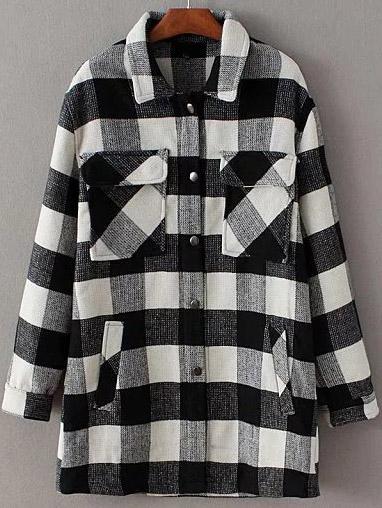 Shein Black And White Plaid Front Pocket Coat