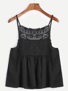 Shein Black Contrast Flower Embroidered Mesh Cami Top