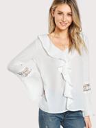 Shein Frill Trim Eyelet Lace Pleated Sleeve Top
