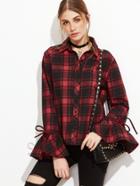 Shein Red Plaid Bow Tie Bell Sleeve Blouse