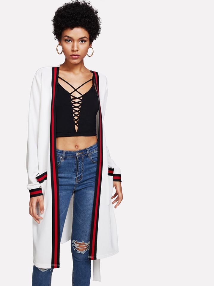 Shein Self Belted Striped Trim Coat