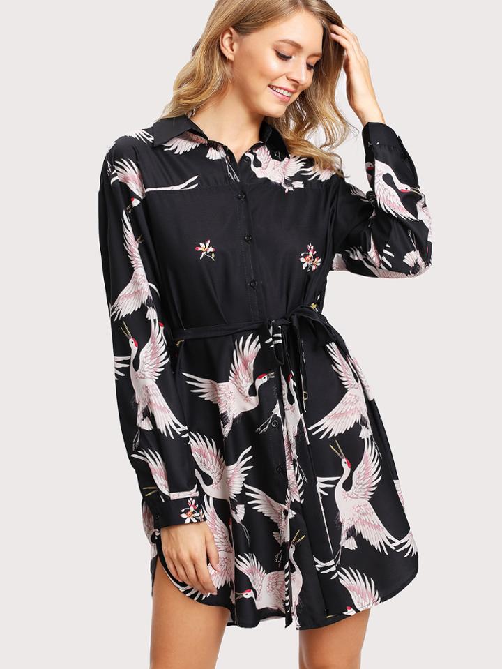 Shein Crane Bird Print Belted Shirt Dress