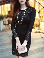Shein Black Round Neck Long Sleeve Knit Contrast Gauze Lace Dress