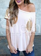Shein Champagne Scoop Neck Sequined Pocket T-shirt