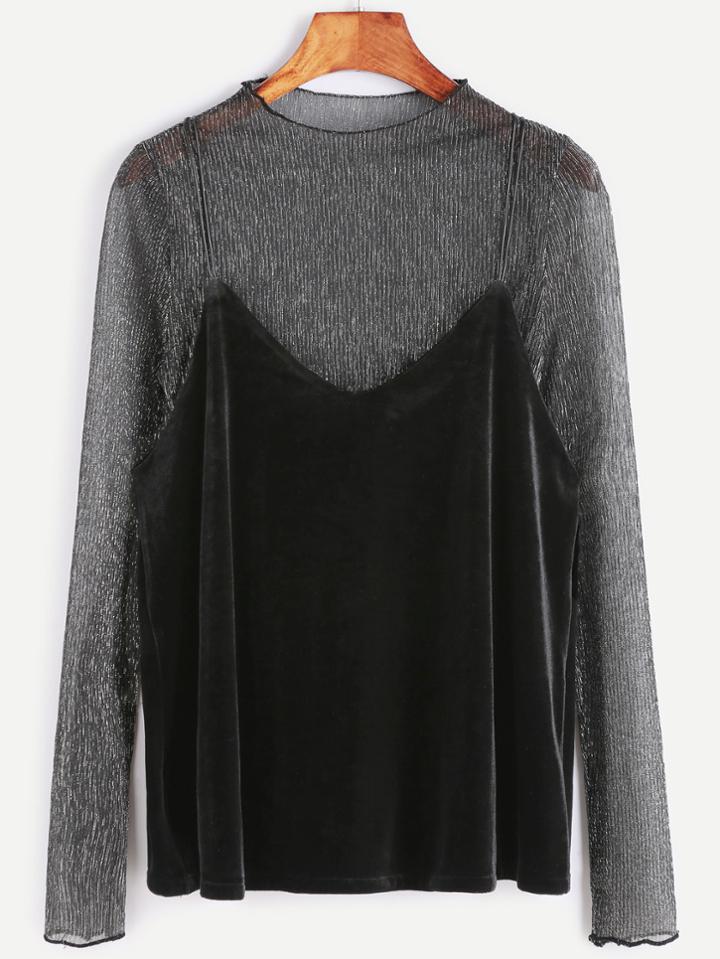 Shein Metallic Pleated Sheer Top With Velvet Cami Top
