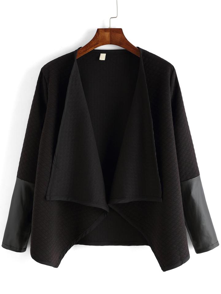 Shein Black Contrast Pu Drape Front Diamond Pattern Coat