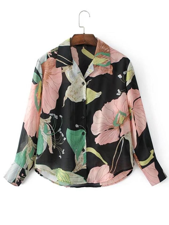 Shein Flower Print Dolphin Hem Blouse