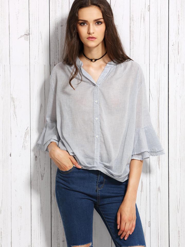 Shein Blue Striped Stand Collar Bell Sleeve Blouse