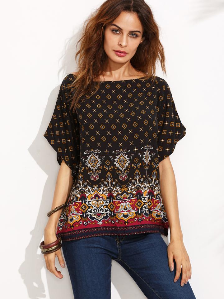 Shein Black Ornate Print Boat Neck Batwing Top