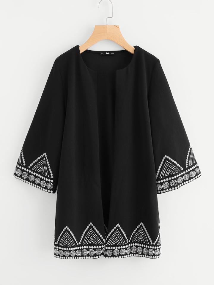 Shein Geo Embroidered Hem Open Front Coat