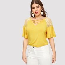 Shein Plus Lace Insert Crisscross Neck T-shirt