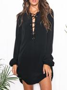 Shein Black Puff Sleeve Lacing Lace Up Dress