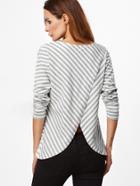 Shein Grey And White Striped Pocket Front Split Back T-shirt