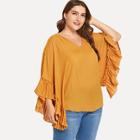 Shein Plus Lace Up V Neck Ruffle Embellished Blouse