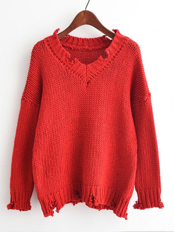 Shein V-neckline Drop Shoulder Frayed Jumper