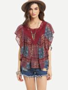 Shein Lace Insert Tribal Print Poncho Blouse - Red