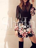 Shein Black Long Sleeve Floral Dress