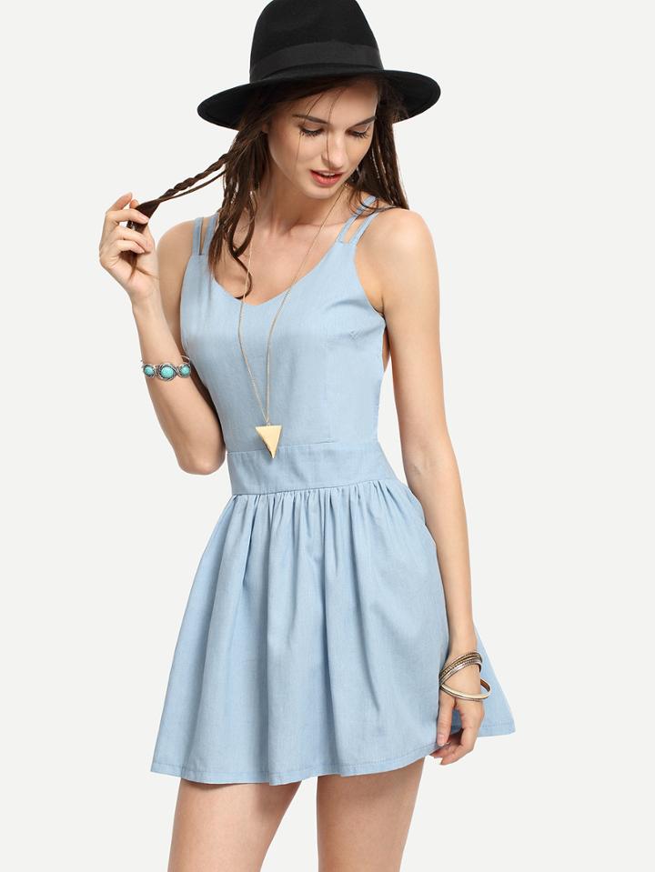 Shein Crisscross Backless Light Blue Skater Dress