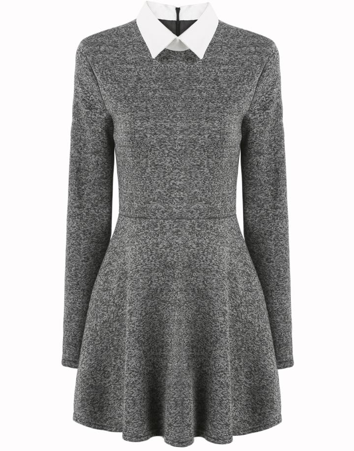 Shein Grey Peterpan Collars Contrast Collar Long Sleeve Pleated Drop Waist Dress